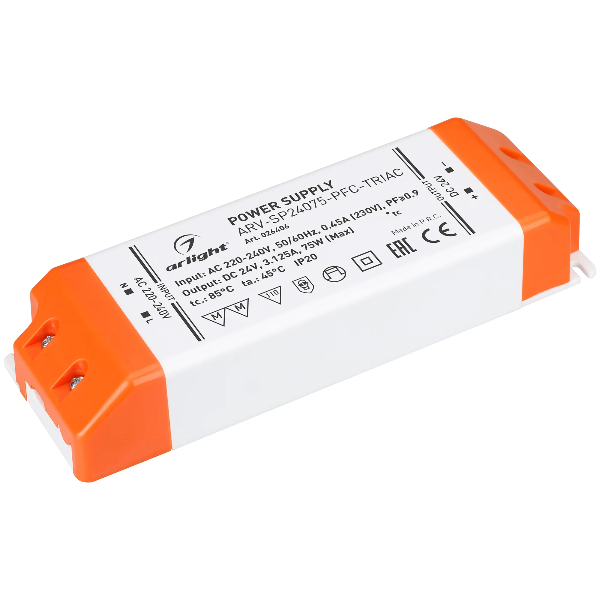 Блок питания ARV-SP24075-PFC-TRIAC (24V, 3.1A, 75W) (Arlight, IP20 Пластик, 3 года) - изображение товара