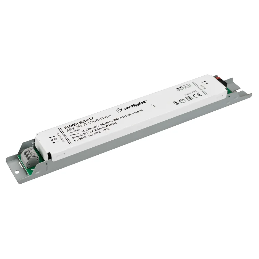 Блок питания ARV-24060-LONG-PFC-A (24V, 2.5A, 60W) (Arlight, IP20 Металл, 5 лет) - изображение товара