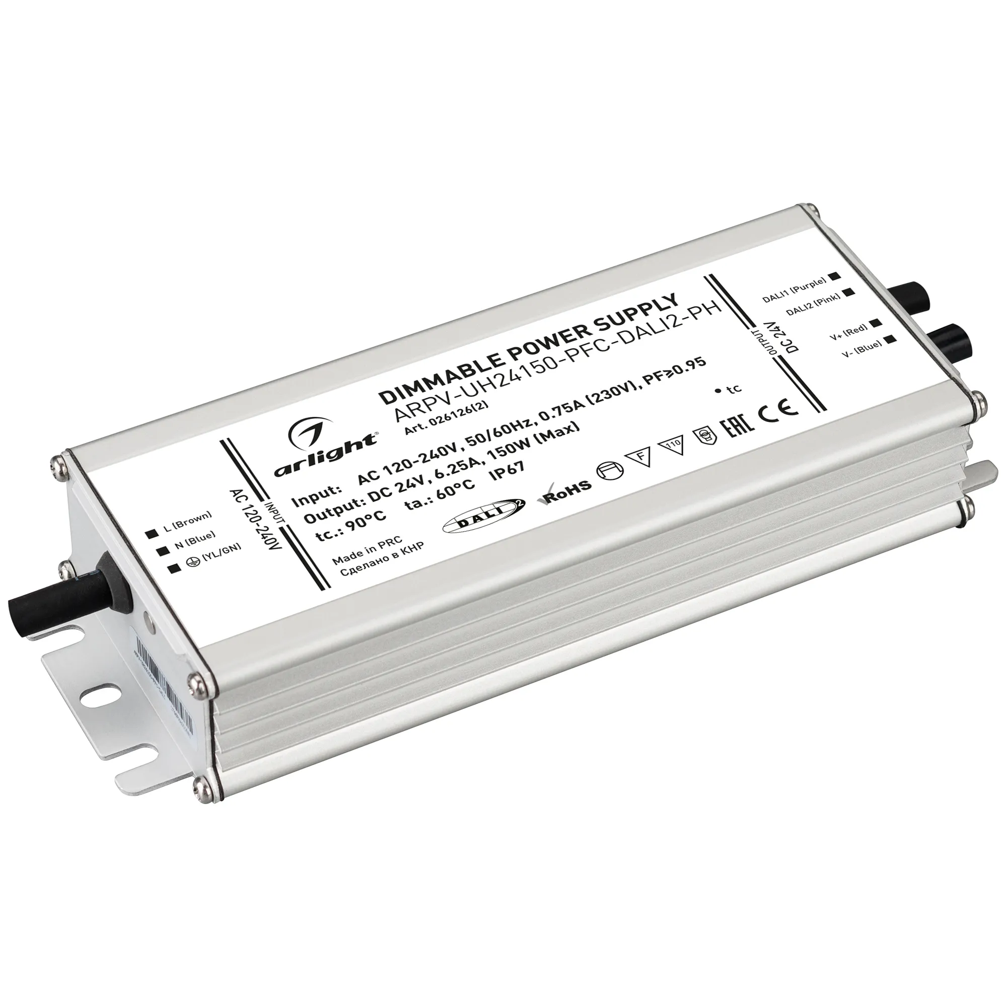 Блок питания ARPV-UH24150-PFC-DALI2-PH (24V, 6.3A, 150W) (Arlight, IP67 Металл, 7 лет) - изображение товара